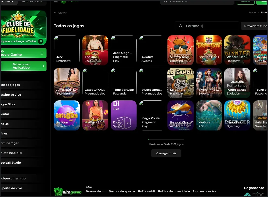 Lobby de jogos do Alto Green casino, grade de 24 cards de jogos com cabeçalho "Todos os jogos", 19.10.2026