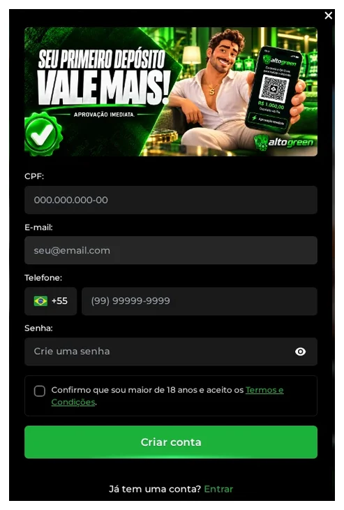 Formulário de registro de conta do Alto Green, botão "Criar conta", 21.10.2026