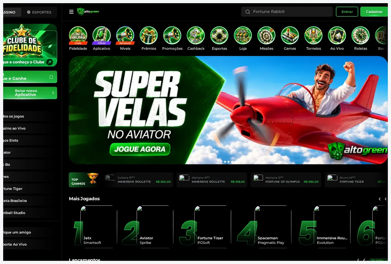 Página inicial do Alto Green Casino, banner hero "Super Velas no Aviator" com botão "Jogue Agora", 21.10.2026